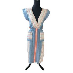 THML anthropologie XS Midi Dress white blue neon orange striped career summer